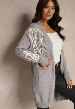 Szary Kardigan Nierozpinany z Kieszeniami i Cekinami Firizelle