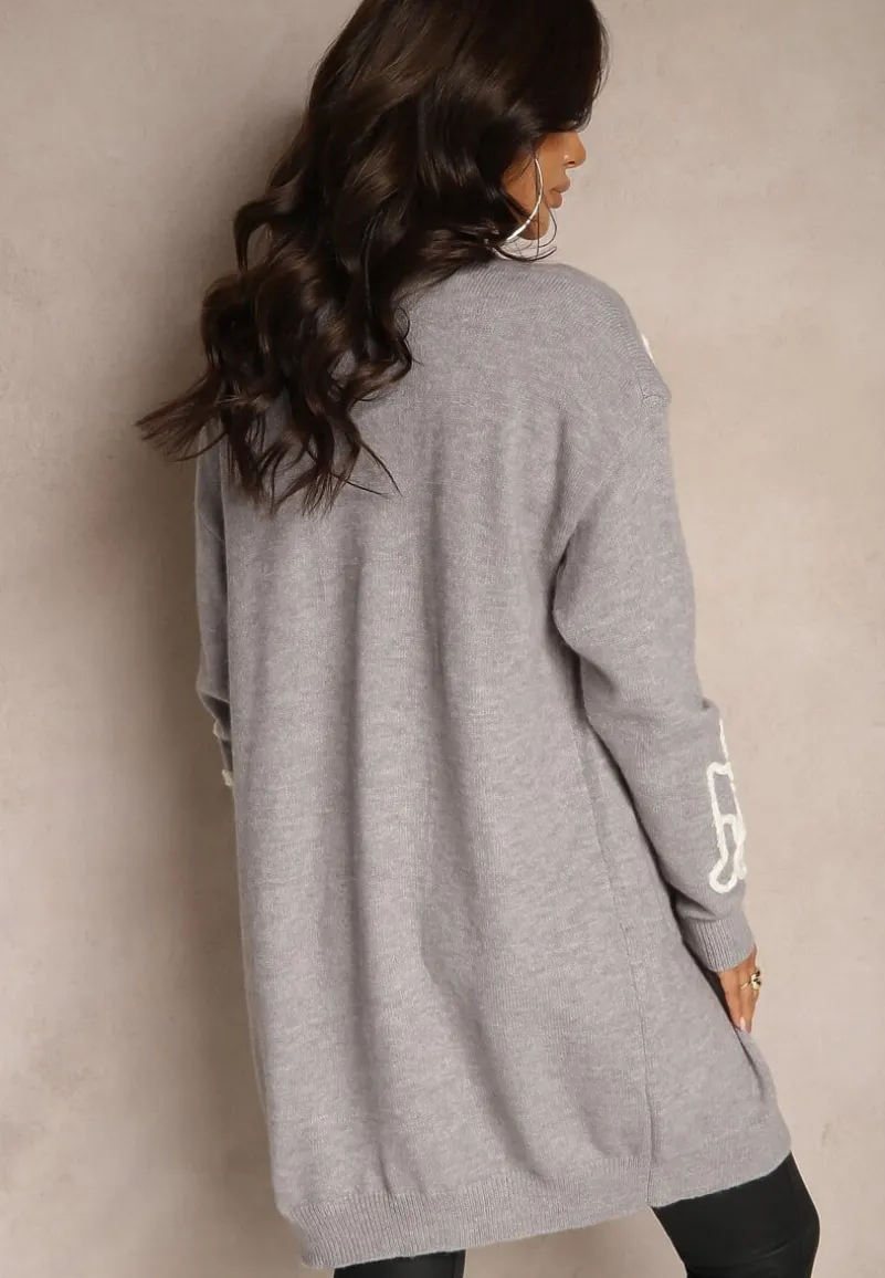 Szary Kardigan Nierozpinany z Kieszeniami i Cekinami Firizelle