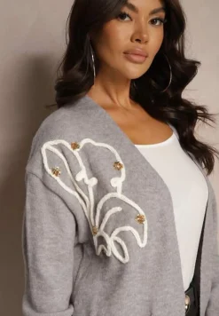 Szary Kardigan Nierozpinany z Kieszeniami i Cekinami Firizelle