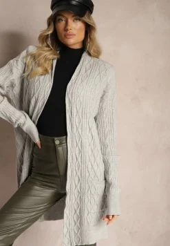 Szary Kardigan Nierozpinany o Długim Kroju Ozdobiony Tłoczeniem Vailithe