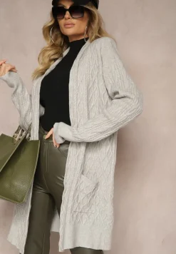 Szary Kardigan Nierozpinany o Długim Kroju Ozdobiony Tłoczeniem Vailithe