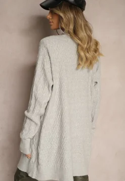 Szary Kardigan Nierozpinany o Długim Kroju Ozdobiony Tłoczeniem Vailithe