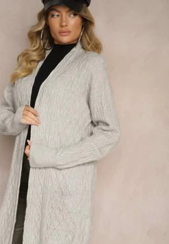 Szary Kardigan Nierozpinany o Długim Kroju Ozdobiony Tłoczeniem Vailithe