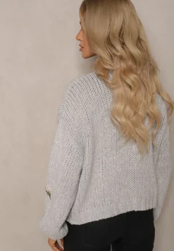 Szary Kardigan w Kwiatowe Aplikacje z Zapięciem na Elegancką Agrafkę Patista