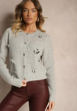 Szary Kardigan z Dodatkiem Wełny na Guziki z Kwiatami 3D Zemisya