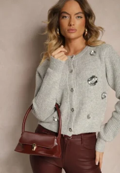 Szary Kardigan z Dodatkiem Wełny na Guziki z Kwiatami 3D Zemisya