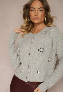 Szary Kardigan z Dodatkiem Wełny na Guziki z Kwiatami 3D Zemisya