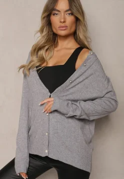 Szary Kardigan z Dodatkiem Bawełny Ozdobiony Cyrkoniami Zapinany na Guziki Mevanine