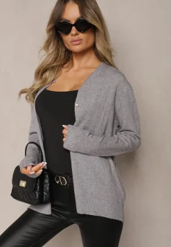 Szary Kardigan z Dodatkiem Bawełny Ozdobiony Cyrkoniami Zapinany na Guziki Mevanine
