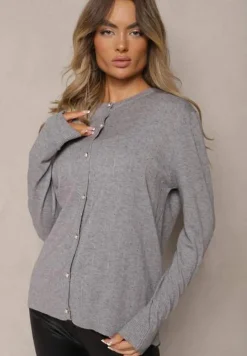 Szary Kardigan z Dodatkiem Bawełny Ozdobiony Cyrkoniami Zapinany na Guziki Mevanine