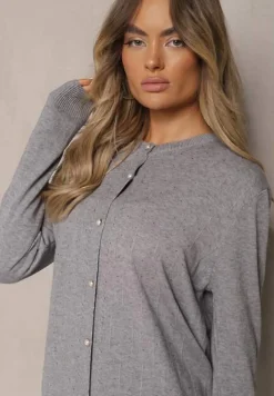 Szary Kardigan z Dodatkiem Bawełny Ozdobiony Cyrkoniami Zapinany na Guziki Mevanine