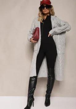 Szary Kardigan z Tłoczonej Dzianiny z Wełną i Wiskozą z Kapturem i Kieszeniami Vaileth