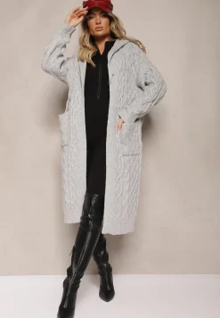 Szary Kardigan z Tłoczonej Dzianiny z Wełną i Wiskozą z Kapturem i Kieszeniami Vaileth