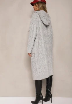 Szary Kardigan z Tłoczonej Dzianiny z Wełną i Wiskozą z Kapturem i Kieszeniami Vaileth