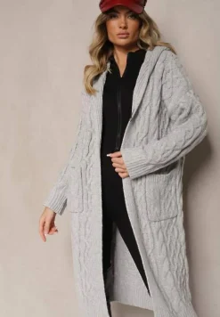 Szary Kardigan z Tłoczonej Dzianiny z Wełną i Wiskozą z Kapturem i Kieszeniami Vaileth