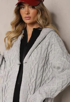 Szary Kardigan z Tłoczonej Dzianiny z Wełną i Wiskozą z Kapturem i Kieszeniami Vaileth