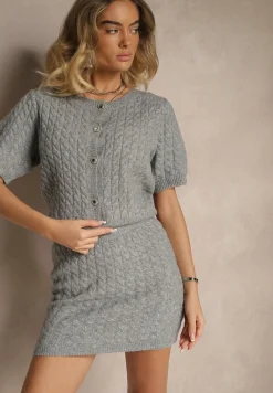 Szary Kardigan z Wełną i Ozdobnymi Guzikami i Tłoczeniem Halanira