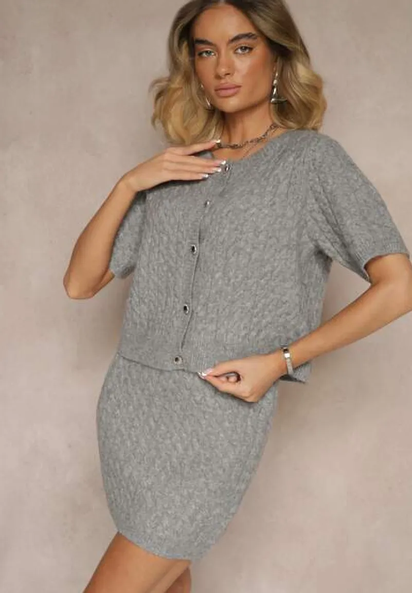 Szary Kardigan z Wełną i Ozdobnymi Guzikami i Tłoczeniem Halanira