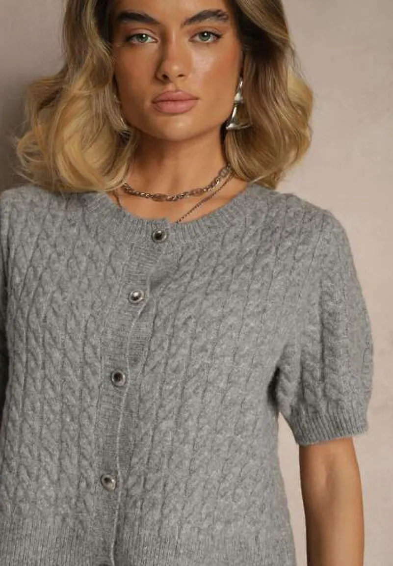 Szary Kardigan z Wełną i Ozdobnymi Guzikami i Tłoczeniem Halanira