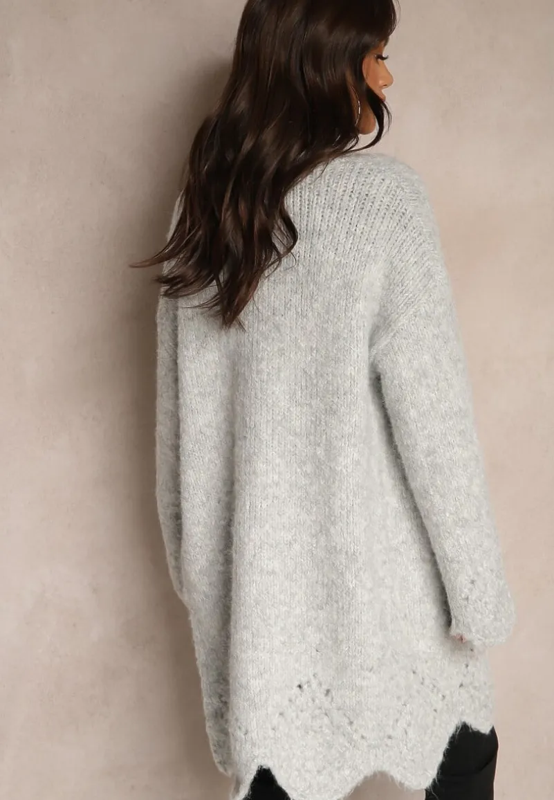 Szary Kardigan z Wełną Ozdobiony Wsuwanymi Kieszeniami i Ażurowym Motywem Elliosia