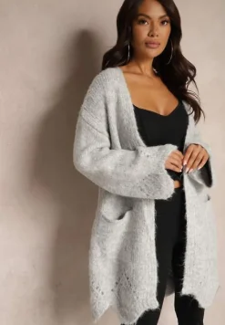 Szary Kardigan z Wełną Ozdobiony Wsuwanymi Kieszeniami i Ażurowym Motywem Elliosia