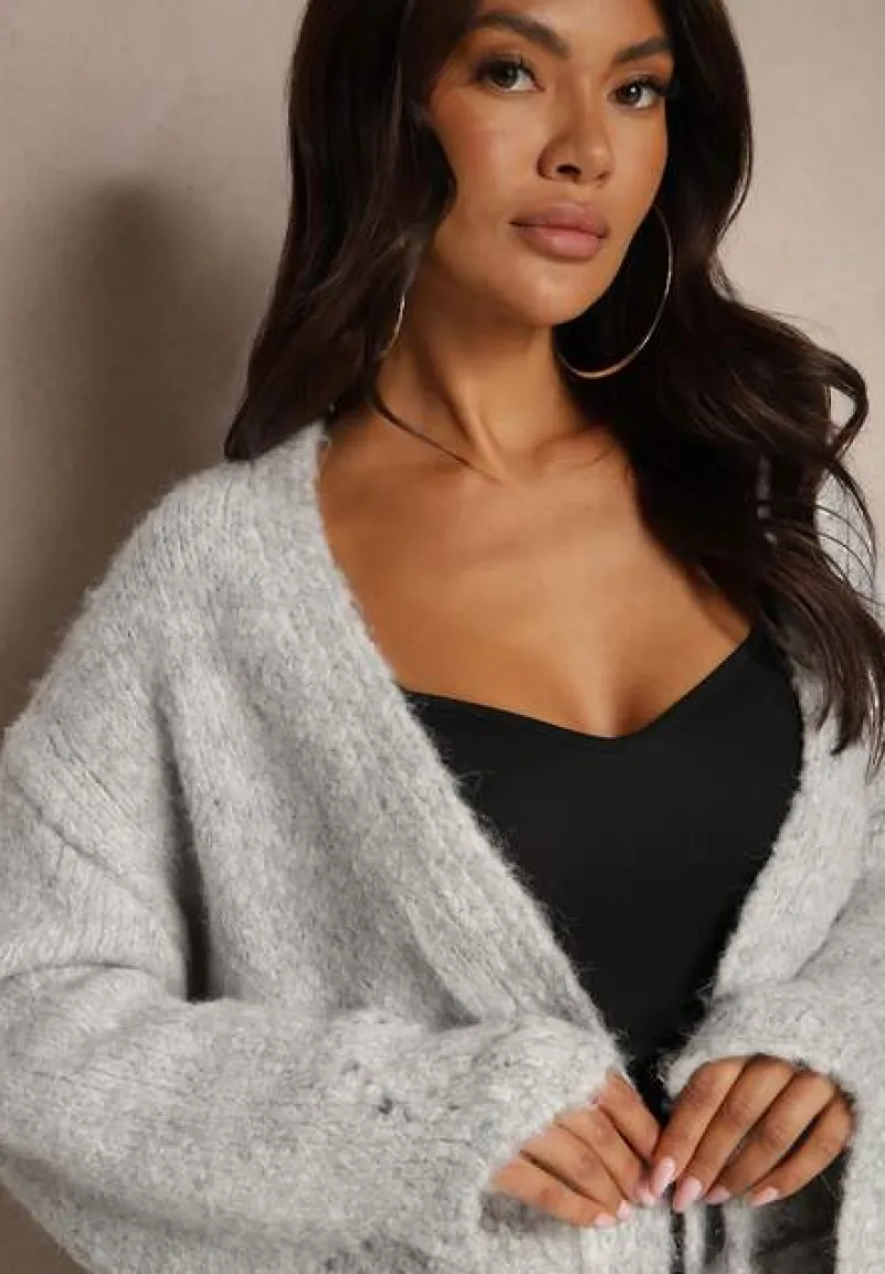 Szary Kardigan z Wełną Ozdobiony Wsuwanymi Kieszeniami i Ażurowym Motywem Elliosia