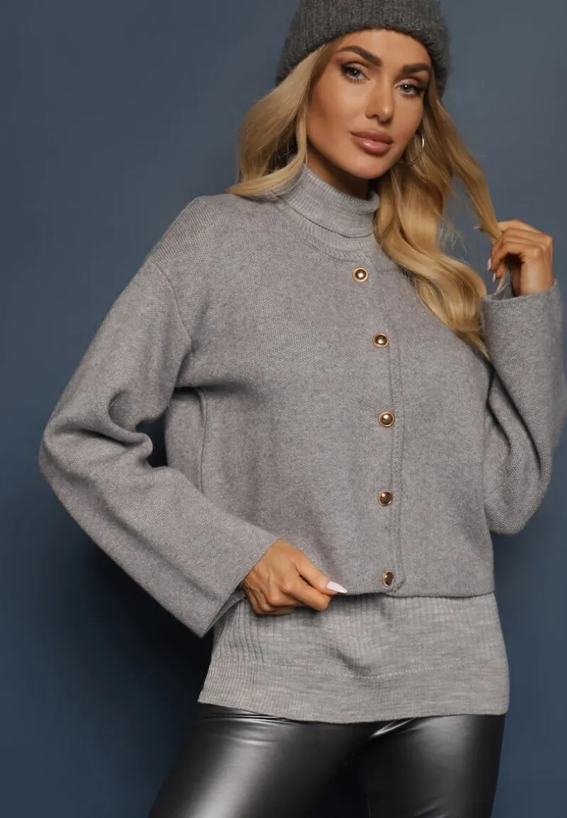 Szary Kardigan z Wiskozą na Metalowe Guziki Asilya