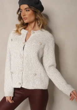 Szary Kardigan z Wiskozą Ozdobiony Imitacją Kieszeni i Guzikami Nomilira