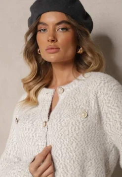 Szary Kardigan z Wiskozą Ozdobiony Imitacją Kieszeni i Guzikami Nomilira