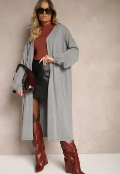 Szary Kardigan z Wiskozą o Długim Kroju Zapinany na Guziki z Metaliczną NIcią Arkaria