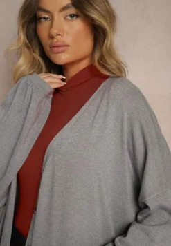 Szary Kardigan z Wiskozą o Długim Kroju Zapinany na Guziki z Metaliczną NIcią Arkaria