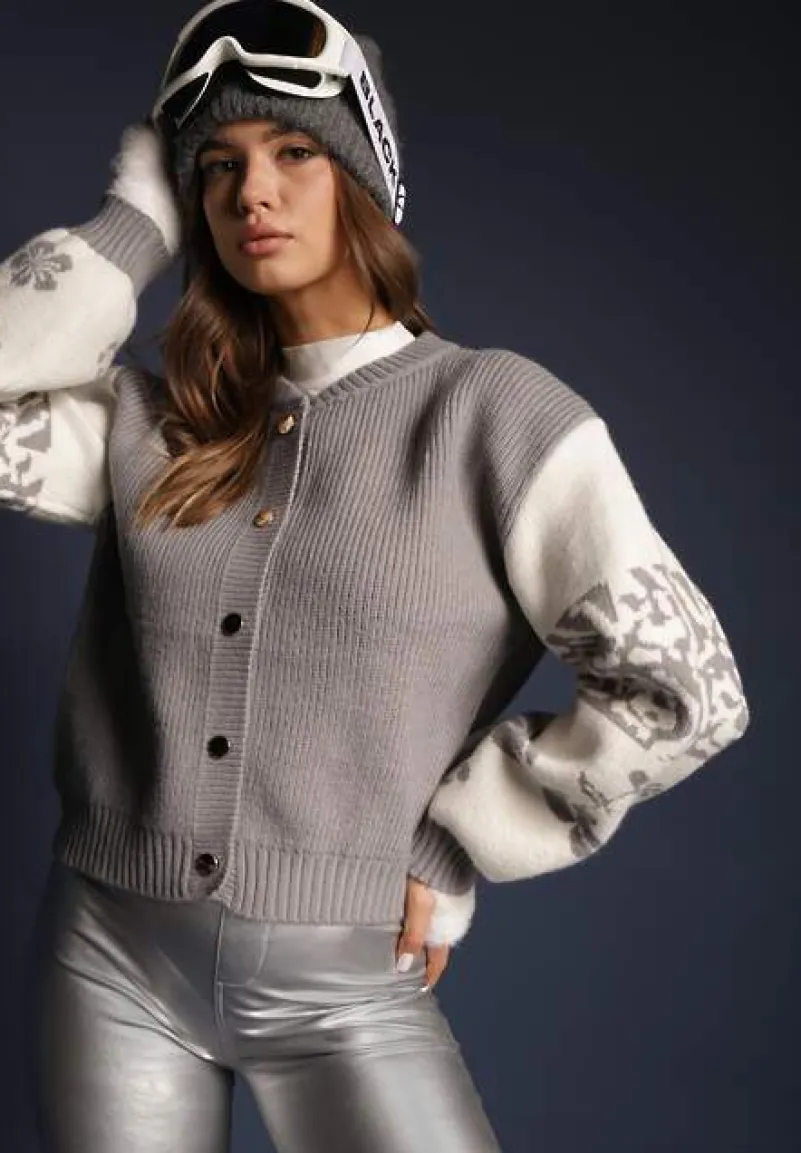 Szary Kardigan z Wiskozy na Guziki Ozdobiony Geometrycznym Wzorem Nelaya