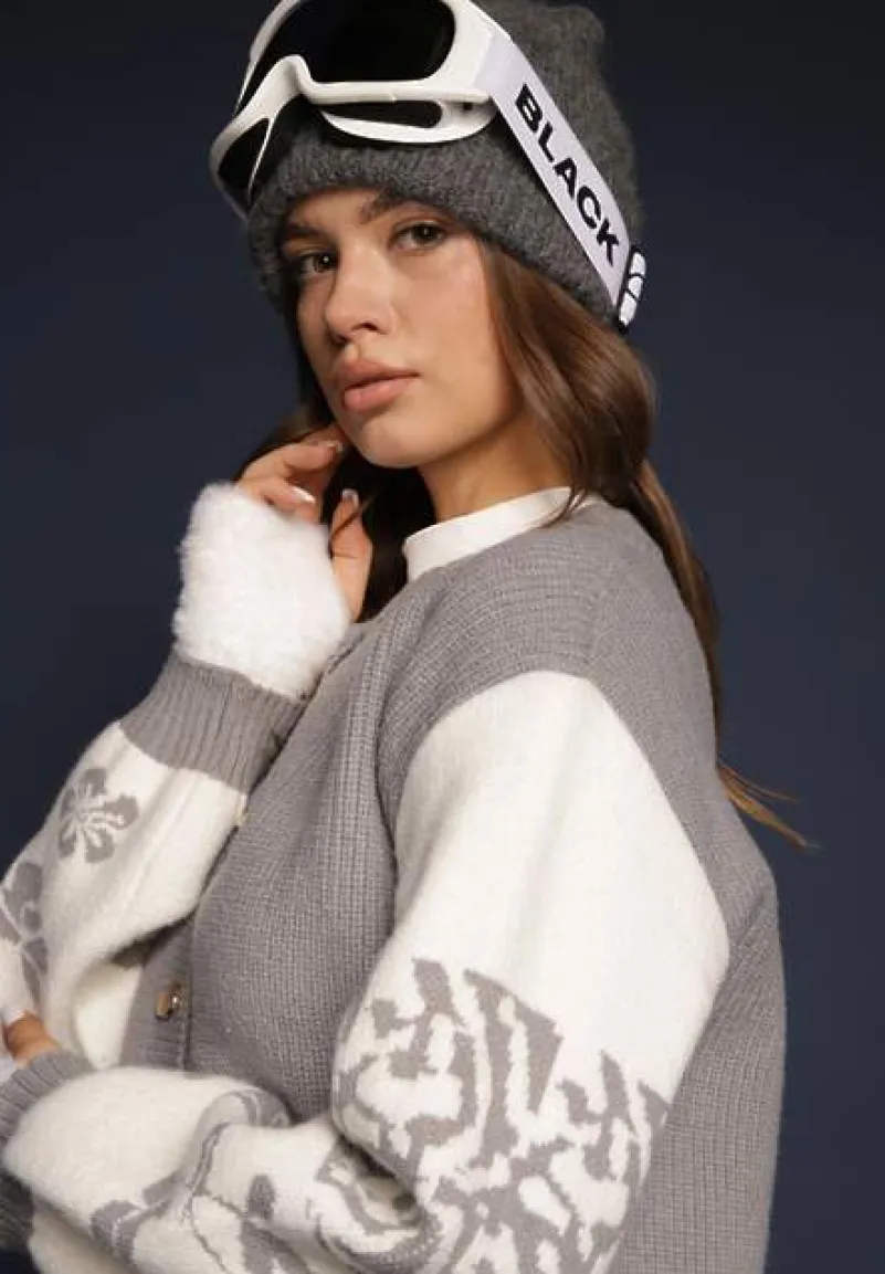 Szary Kardigan z Wiskozy na Guziki Ozdobiony Geometrycznym Wzorem Nelaya