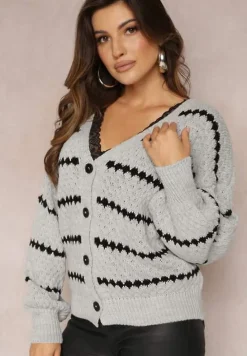 Szary Kardigan Zapinany w Paski Oullas