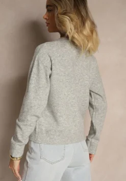 Szary Klasyczny Kardigan z Zaokrąglonym Dekoltem Reonira