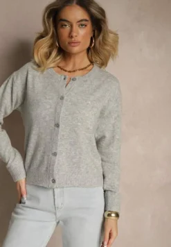 Szary Klasyczny Kardigan z Zaokrąglonym Dekoltem Reonira