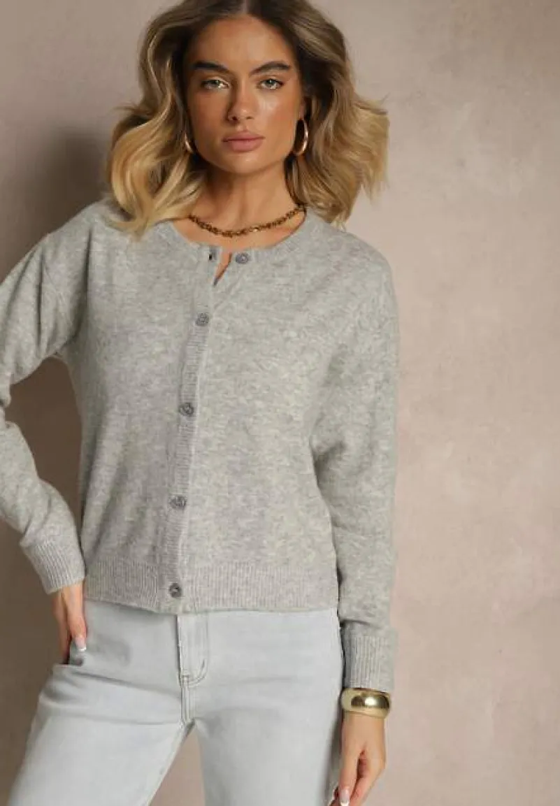 Szary Klasyczny Kardigan z Zaokrąglonym Dekoltem Reonira