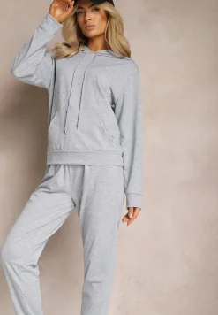 Szary Klasyczny Komplet Dresowy z Bluzą Kangurką i Spodniami Typu Jogger Salevia