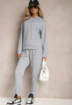 Szary Klasyczny Komplet Dresowy z Bluzą Kangurką i Spodniami Typu Jogger Salevia
