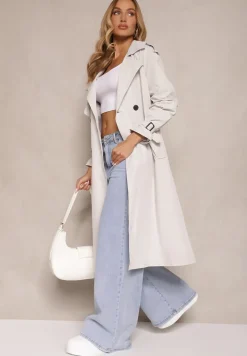 Szary Klasyczny Płaszcz Trencz z Wiskozą o Dwurzędowym Kroju z Paskiem Mokaia