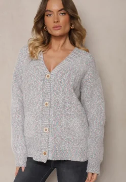 Szary Kolorowy Rozpinany Kardigan z Wiskozą Ozdobiony Wsuwanymi Kieszeniami Ewenevia