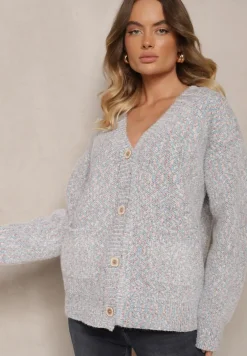 Szary Kolorowy Rozpinany Kardigan z Wiskozą Ozdobiony Wsuwanymi Kieszeniami Ewenevia