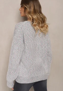 Szary Kolorowy Rozpinany Kardigan z Wiskozą Ozdobiony Wsuwanymi Kieszeniami Ewenevia