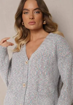 Szary Kolorowy Rozpinany Kardigan z Wiskozą Ozdobiony Wsuwanymi Kieszeniami Ewenevia