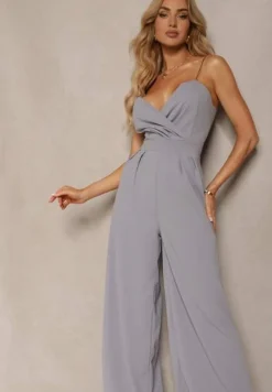 Szary Kombinezon na Cienkich Ramiączkach z Kopertowym Dekoltem i Szerokimi Nogawkami Jovantia