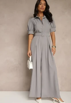 Szary Kombinezon Taliowany Ozdobiony Klamrą Filenala