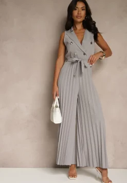 Szary Kombinezon Taliowany w Garniturowym Stylu z Paskiem i Guzikami Fillomia