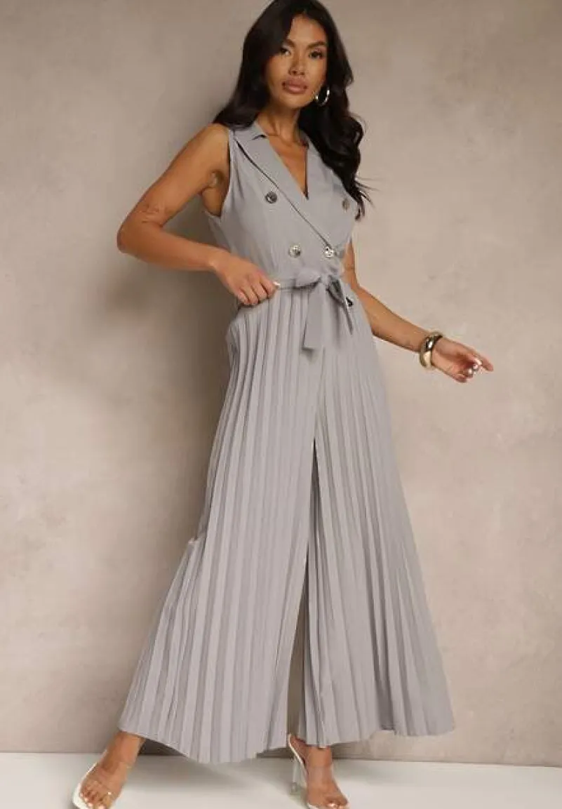 Szary Kombinezon Taliowany w Garniturowym Stylu z Paskiem i Guzikami Fillomia