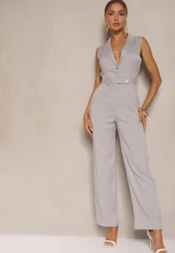 Szary Kombinezon w Typie Garnituru Bez Rękawów Taliowany Divallia