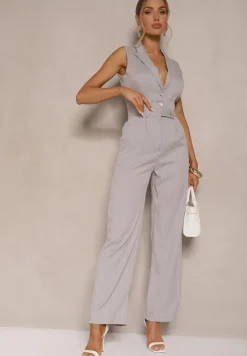 Szary Kombinezon w Typie Garnituru Bez Rękawów Taliowany Divallia